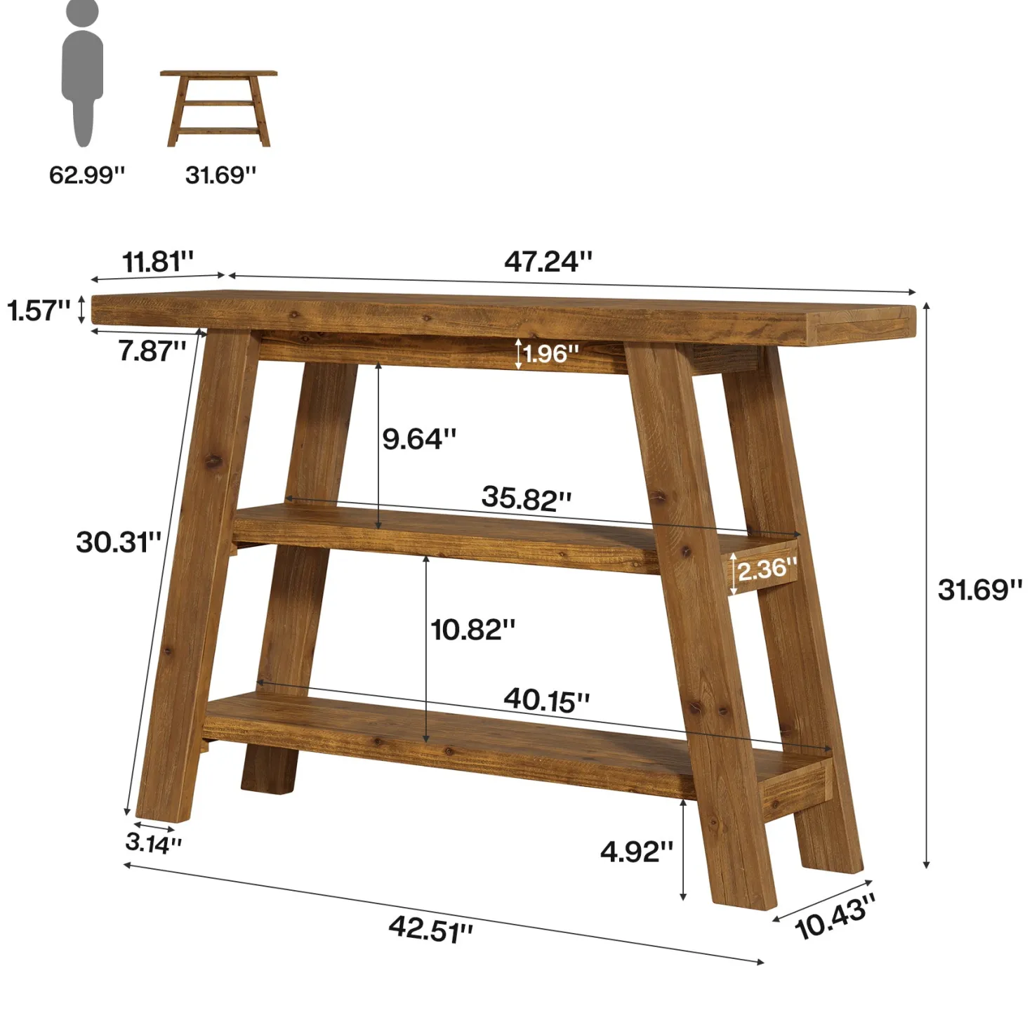 Solid Wood Console Table, 47.24" Farmhouse Entryway Table with 3-Tier Shelves