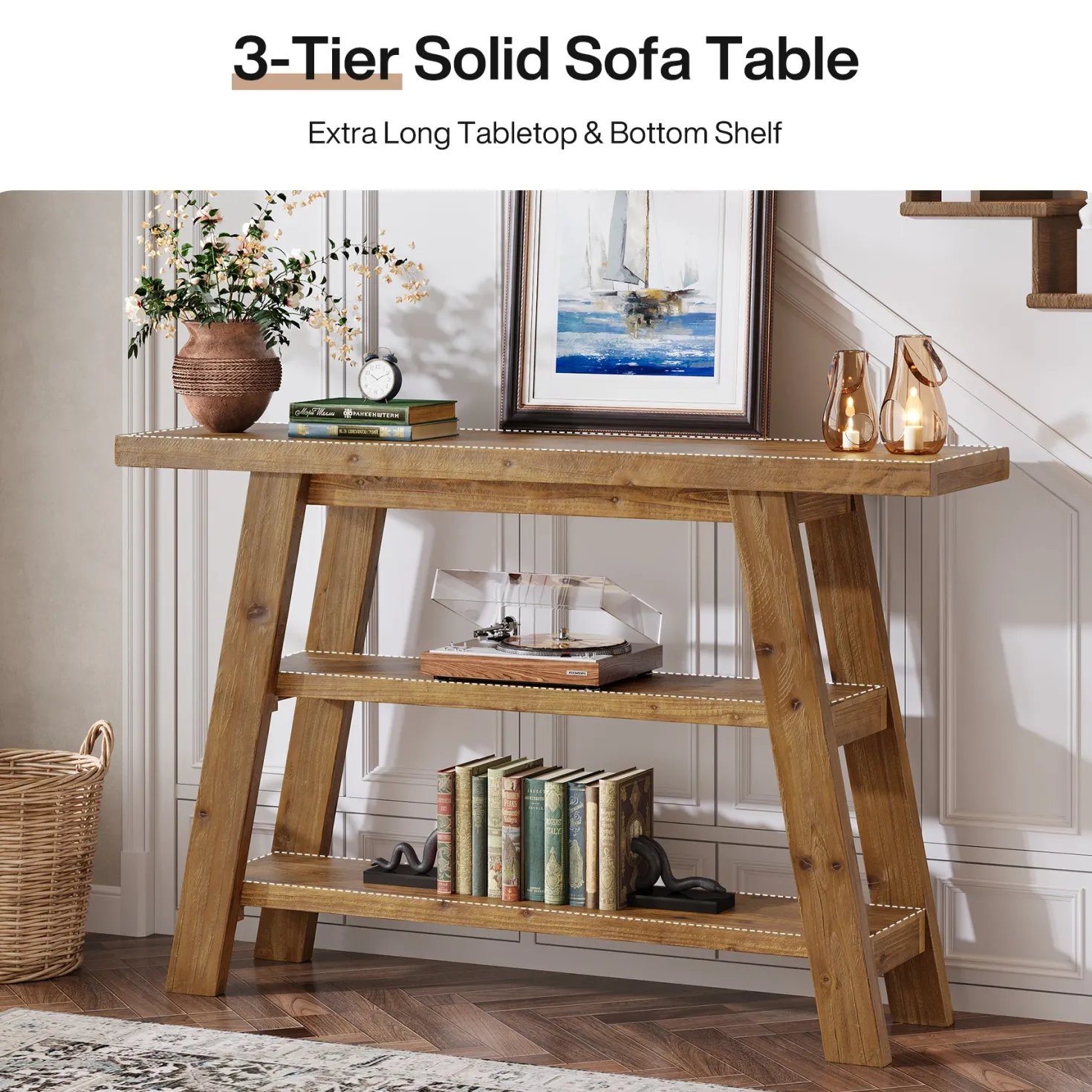 Solid Wood Console Table, 47.24" Farmhouse Entryway Table with 3-Tier Shelves