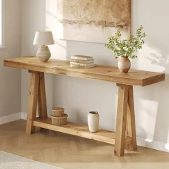 Solid Wood Console Table, 70.87" Sofa Table with Shelves for Entryway