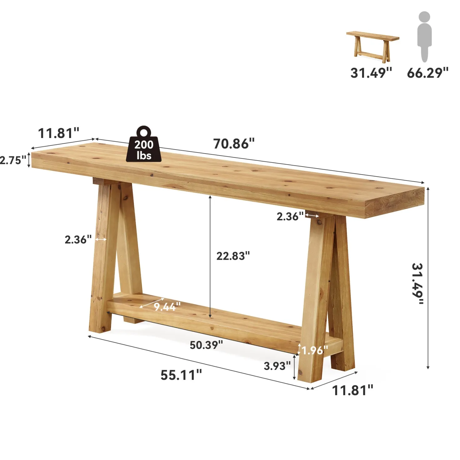 Solid Wood Console Table, 70.87" Sofa Table with Shelves for Entryway