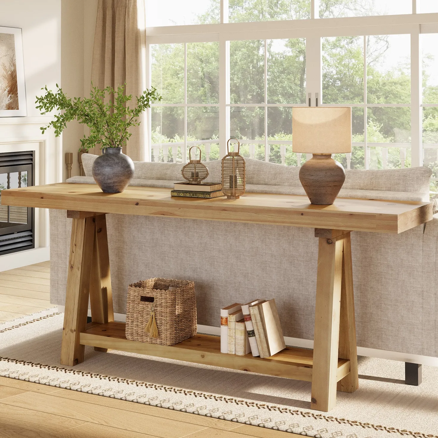 Solid Wood Console Table, 70.87" Sofa Table with Shelves for Entryway