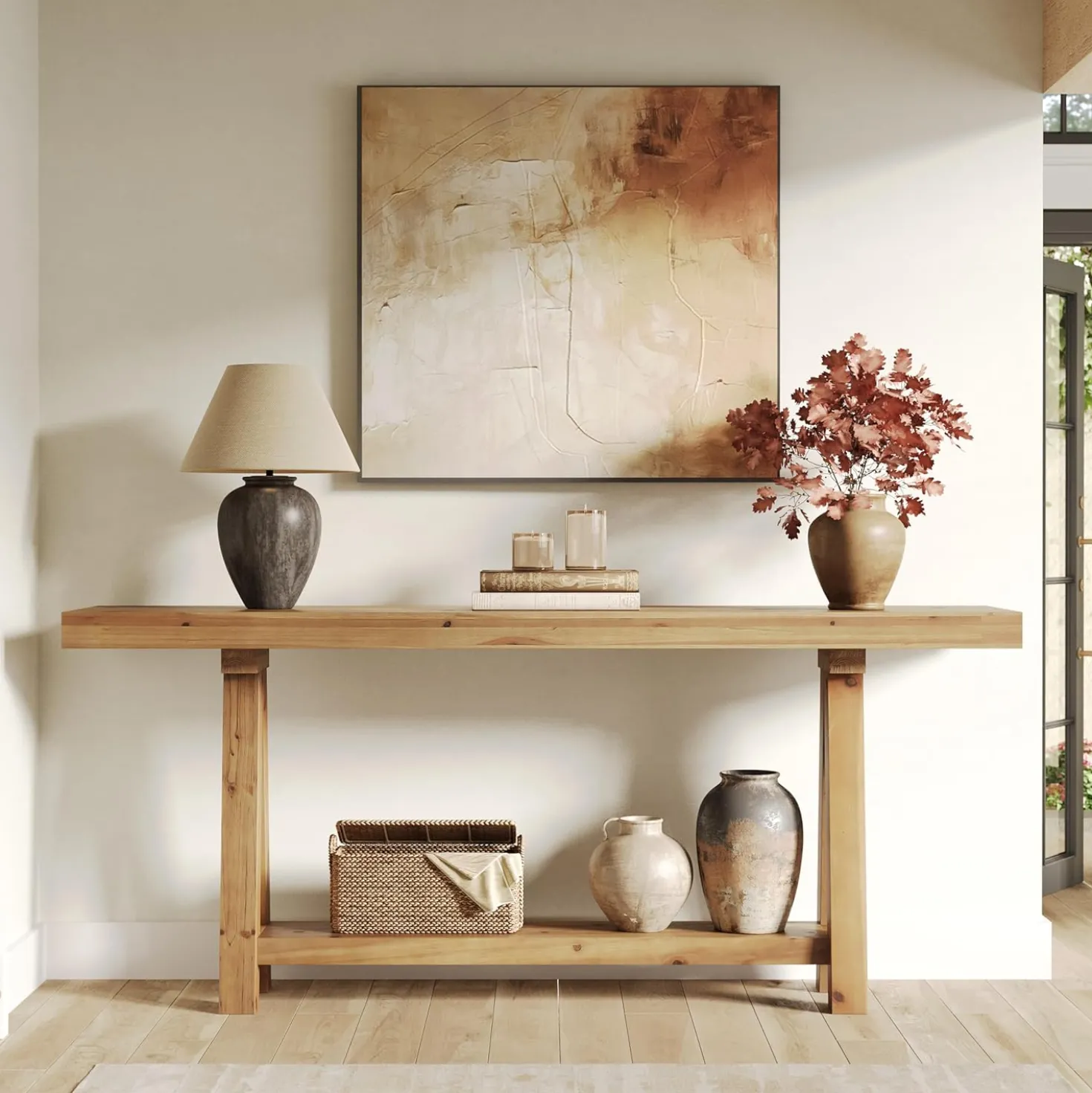 Solid Wood Console Table, 70.87" Sofa Table with Shelves for Entryway