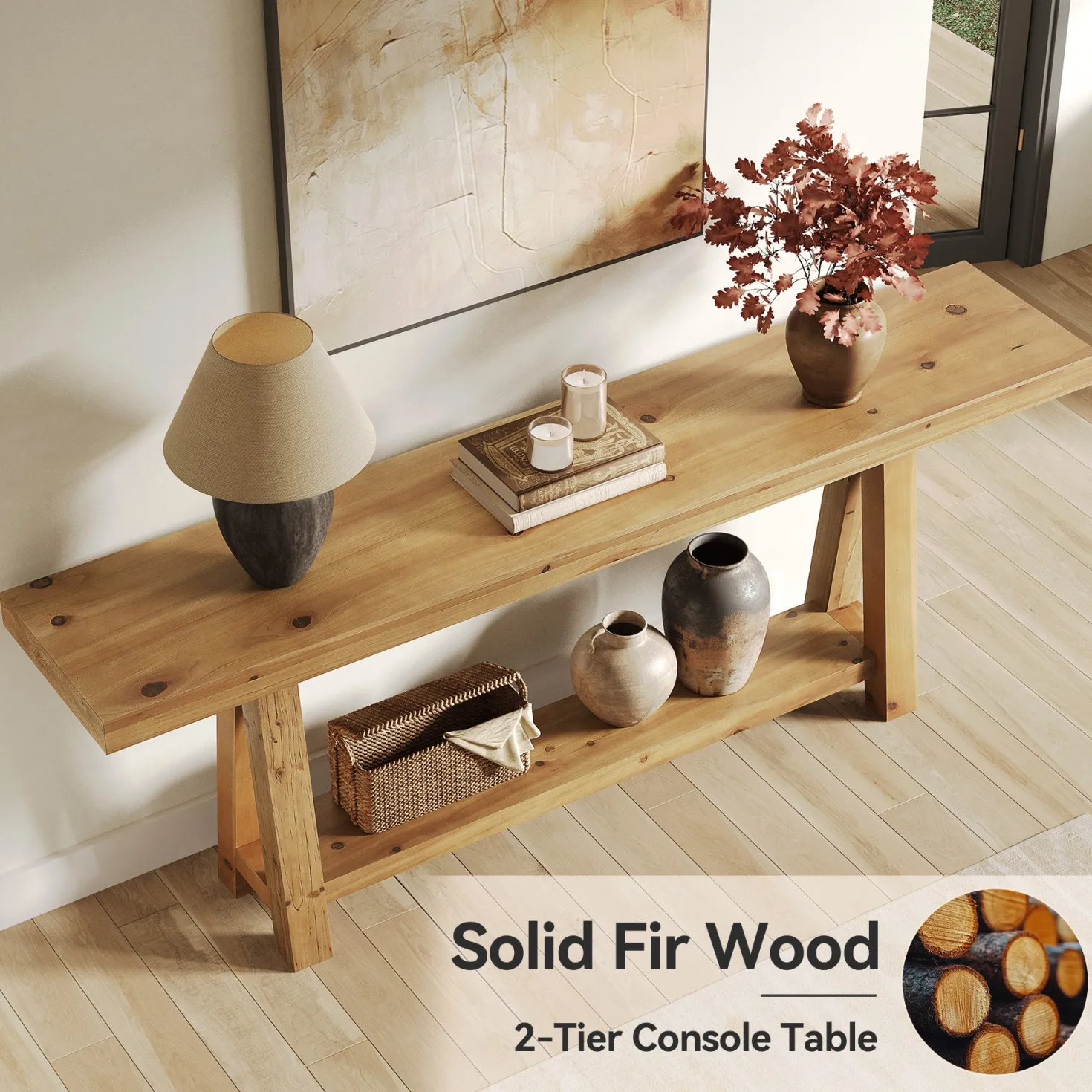 Solid Wood Console Table, 70.87" Sofa Table with Shelves for Entryway