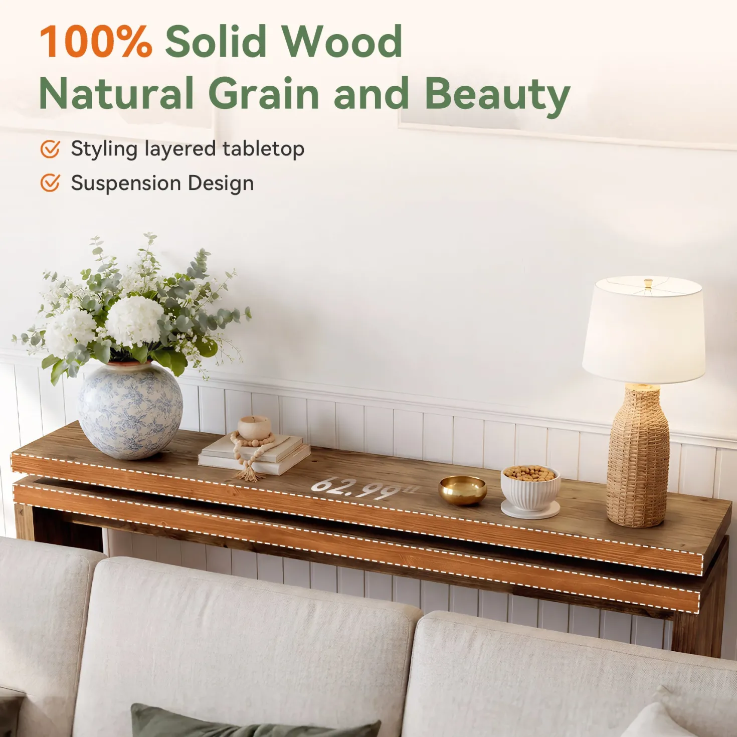 Solid Wood Console Table, 63" Farmhouse Sofa Table Behind Couch for Entryway