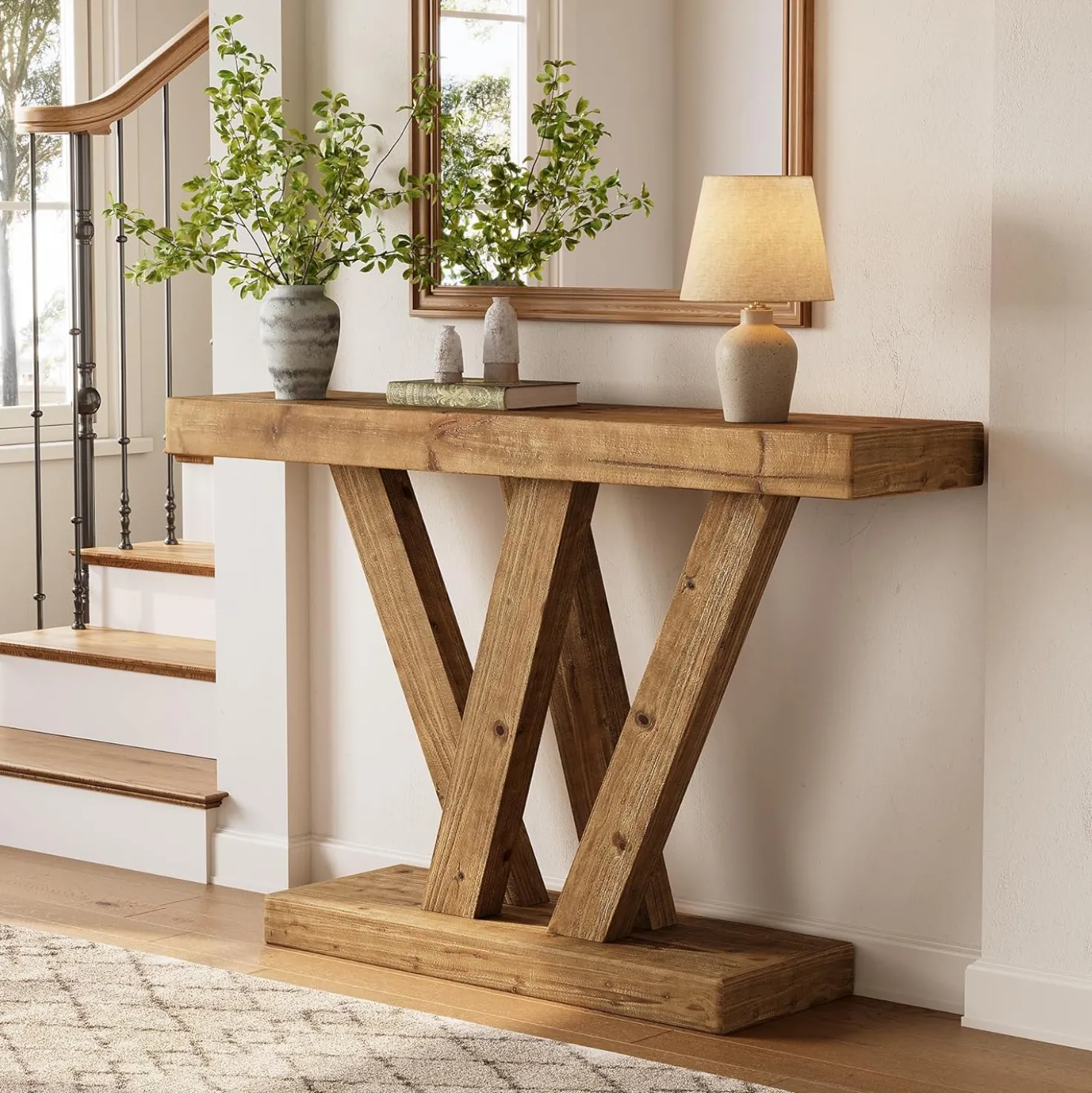 Solid Wood Console Table, 47.2" Farmhouse Sofa Table with Double V-Shape Base