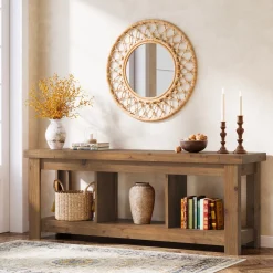 Solid Wood Console Table, 63" Sofa Entryway Table With 3 Open Shelves