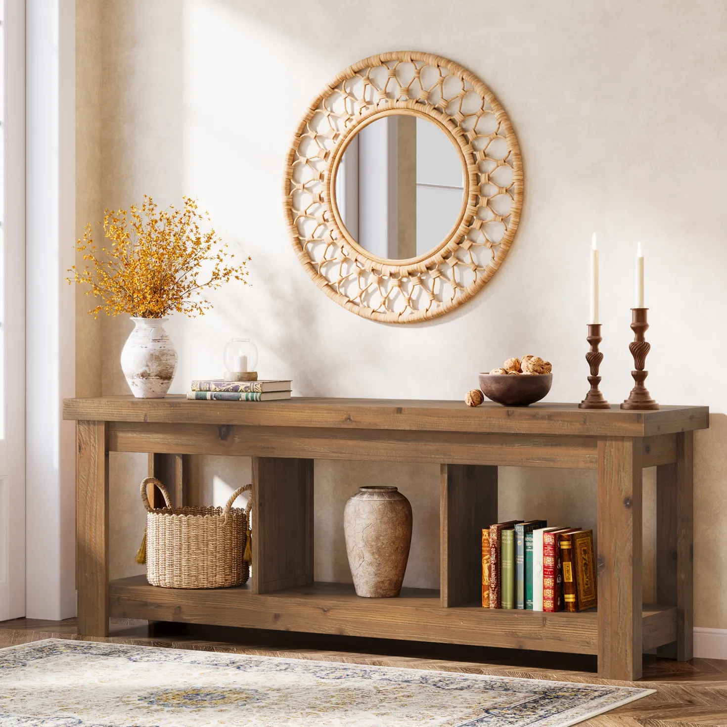 Solid Wood Console Table, 63" Sofa Entryway Table With 3 Open Shelves