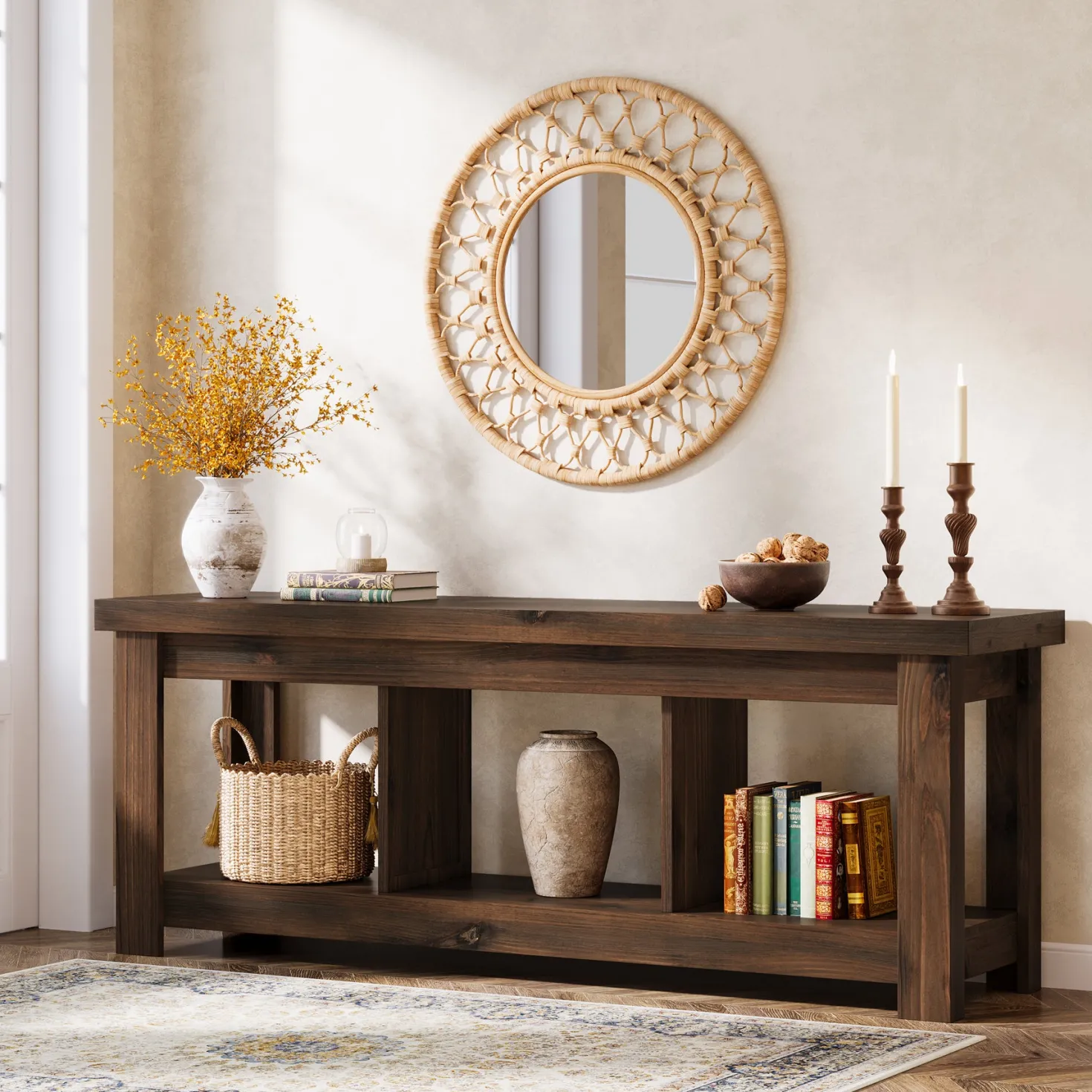 Solid Wood Console Table, 63" Sofa Entryway Table With 3 Open Shelves