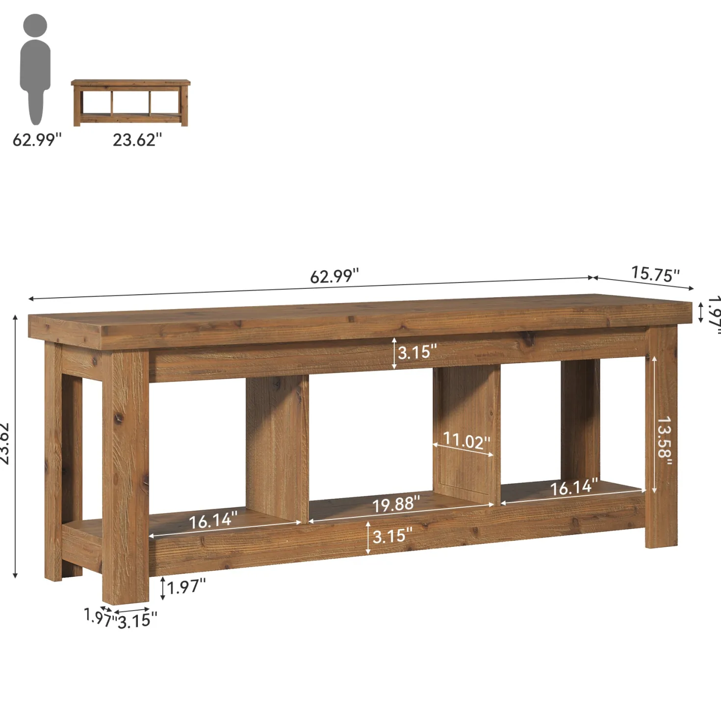 Solid Wood Console Table, 63" Sofa Entryway Table With 3 Open Shelves