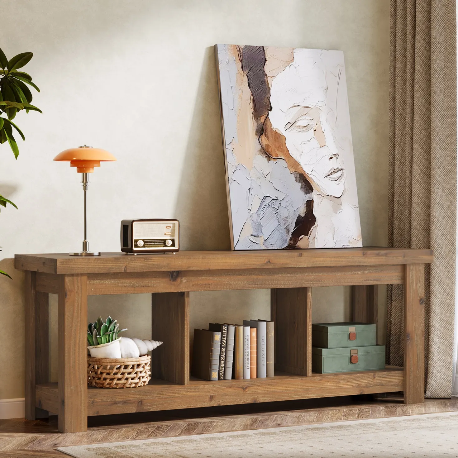 Solid Wood Console Table, 63" Sofa Entryway Table With 3 Open Shelves