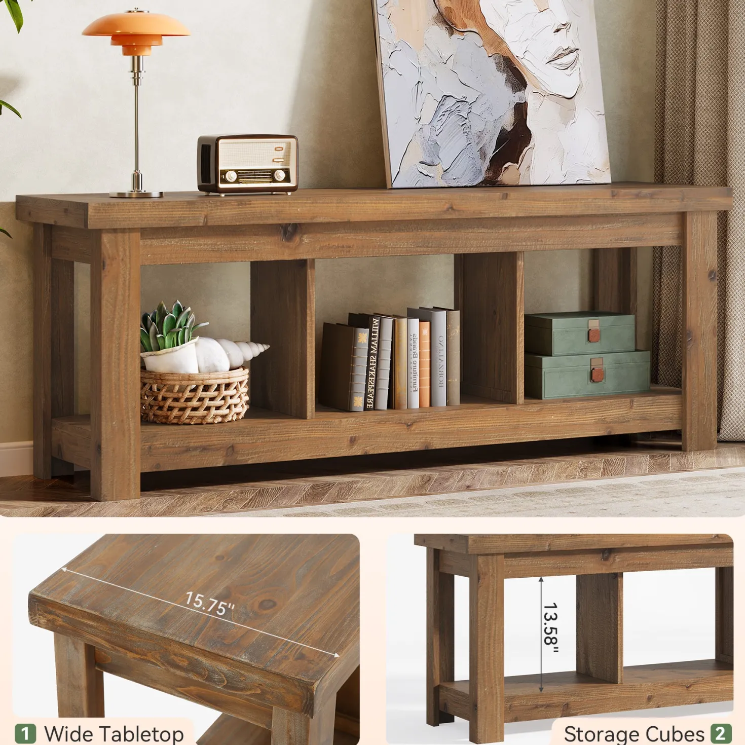 Solid Wood Console Table, 63" Sofa Entryway Table With 3 Open Shelves