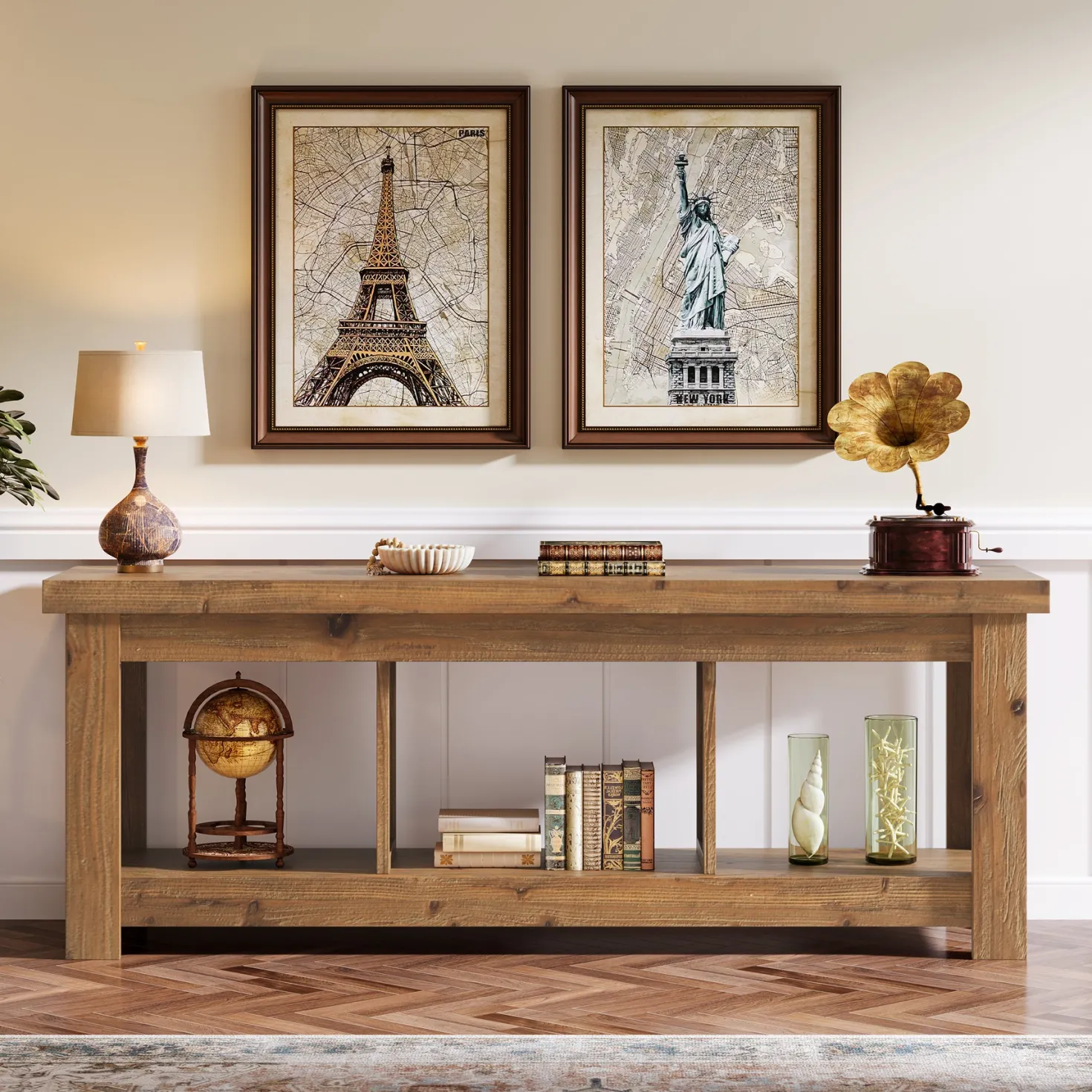 Solid Wood Console Table, 63" Sofa Entryway Table With 3 Open Shelves