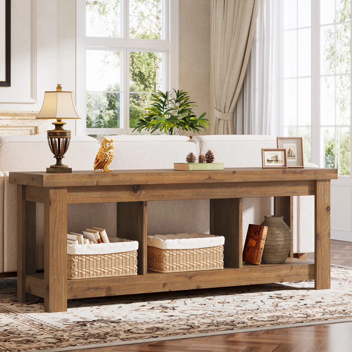 Solid Wood Console Table, 63" Sofa Entryway Table With 3 Open Shelves