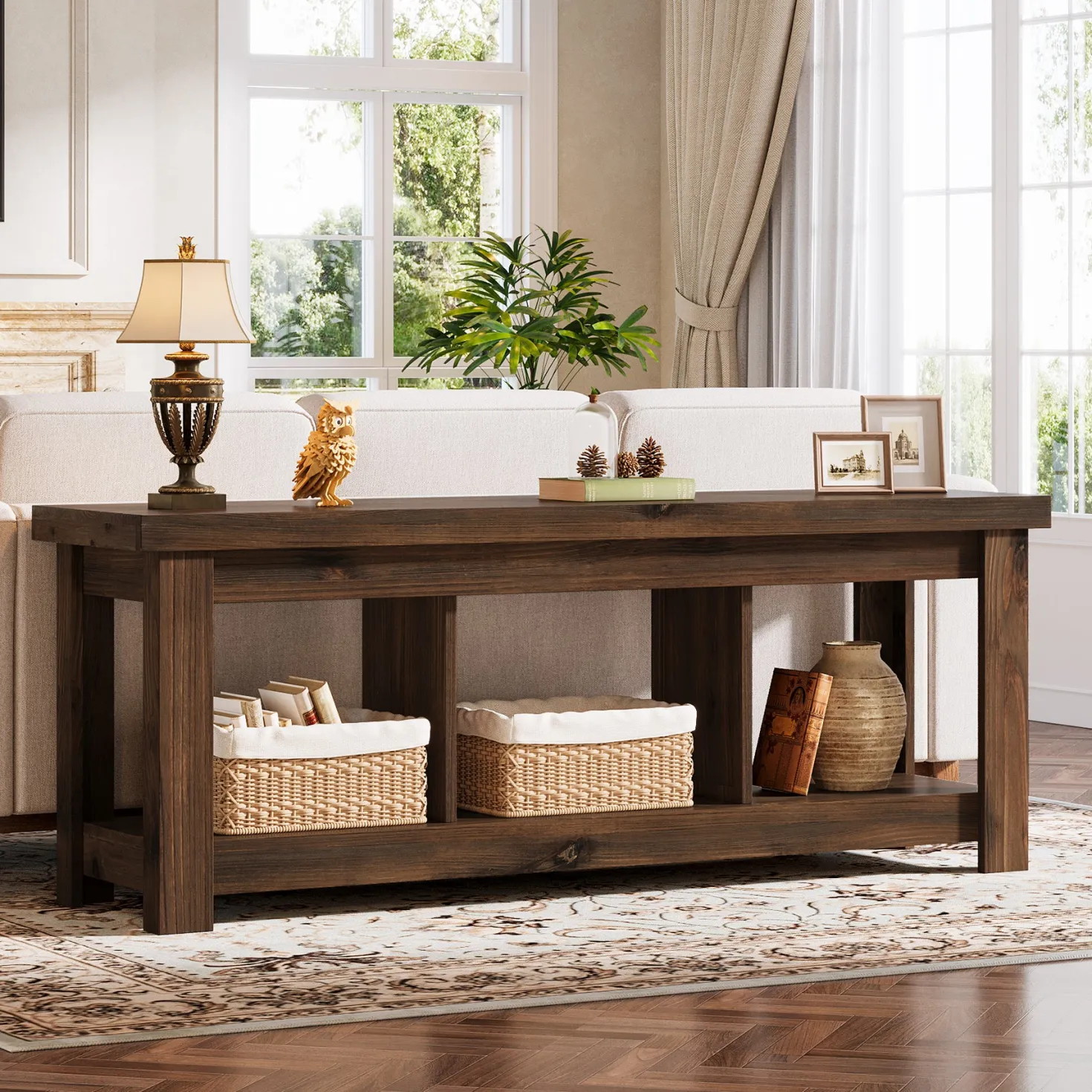 Solid Wood Console Table, 63" Sofa Entryway Table With 3 Open Shelves