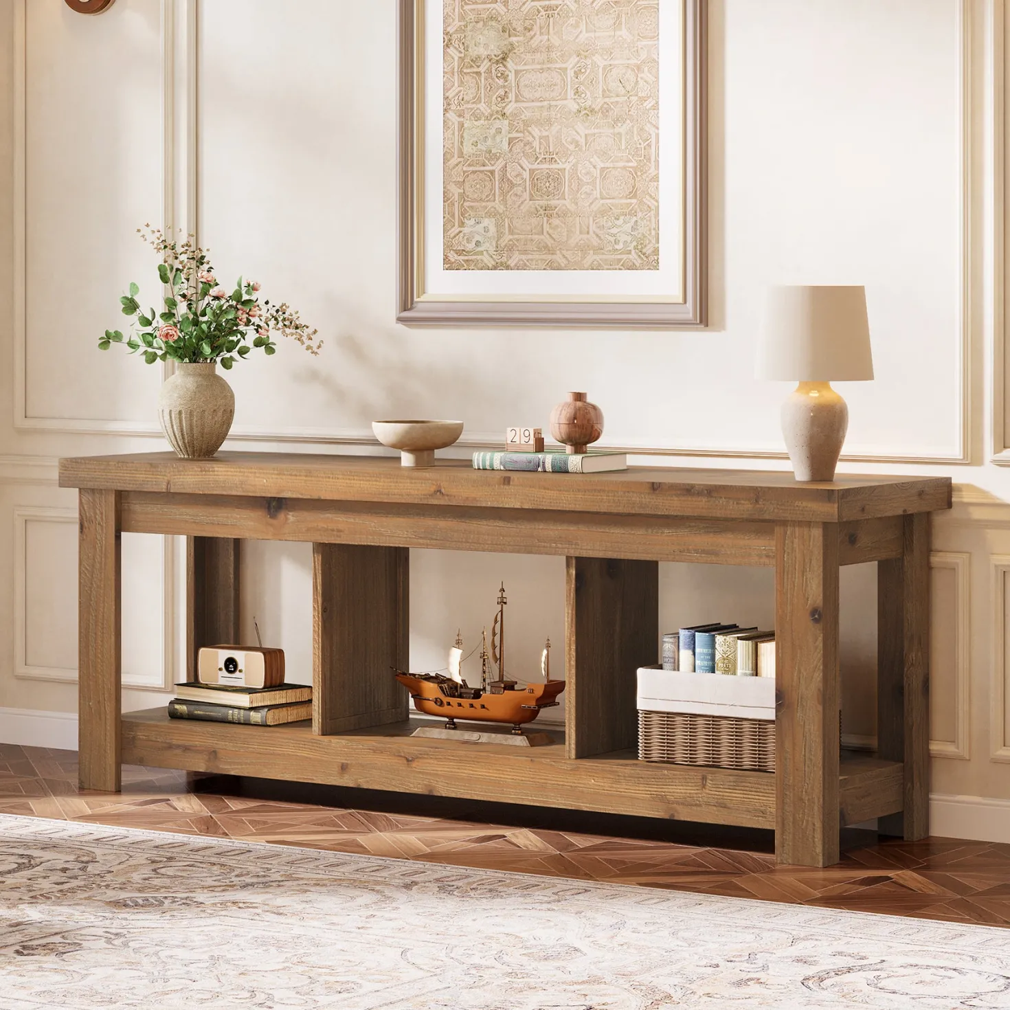 Solid Wood Console Table, 63" Sofa Entryway Table With 3 Open Shelves