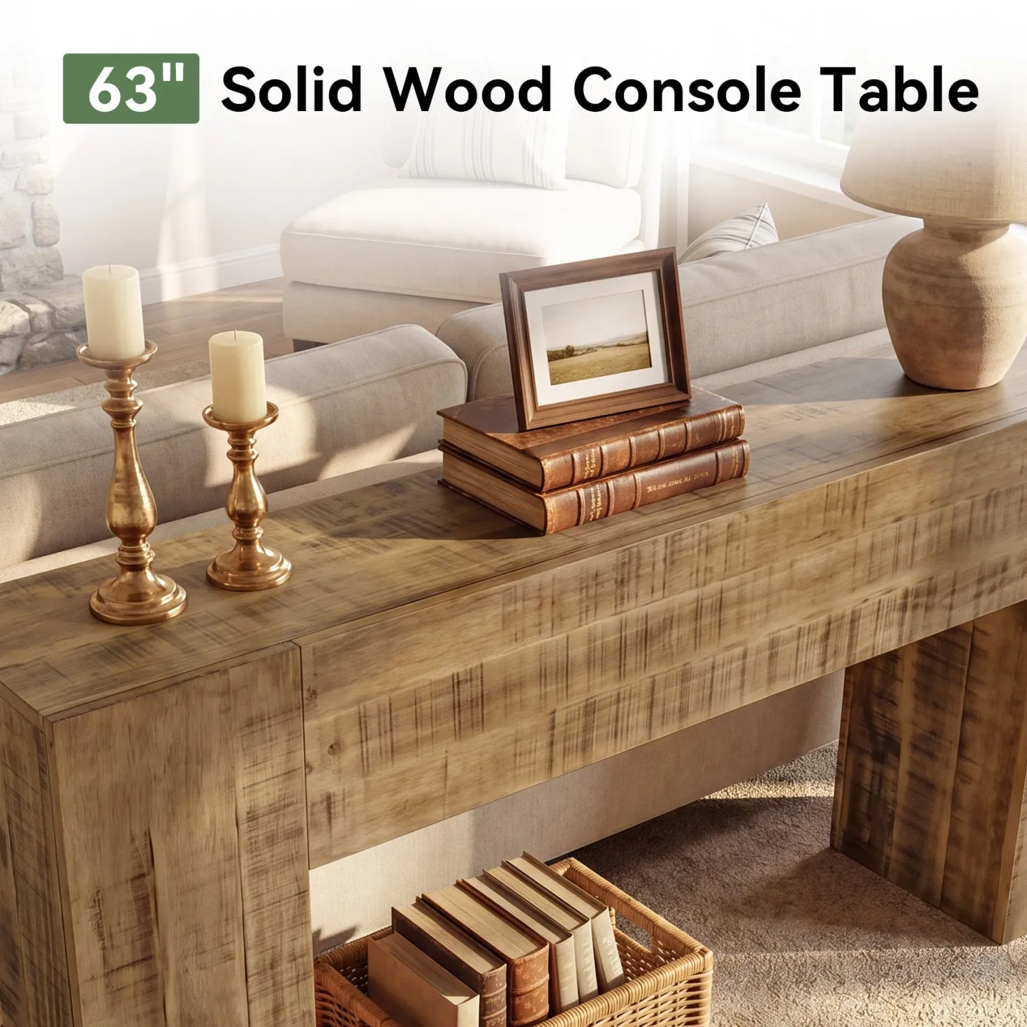Solid Wood Console Table, 63" Farmhouse Sofa Table Behind Couch for Entryway