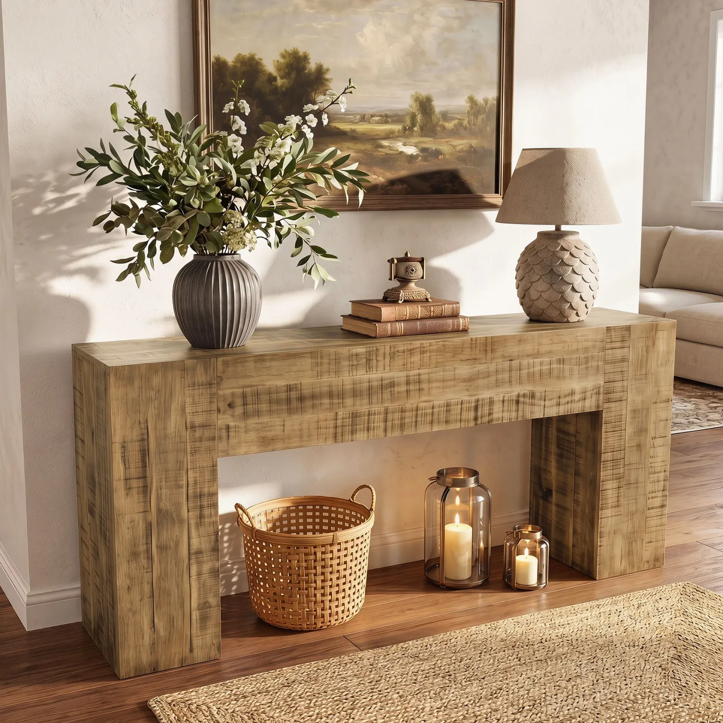 Solid Wood Console Table, 63" Farmhouse Sofa Table Behind Couch for Entryway