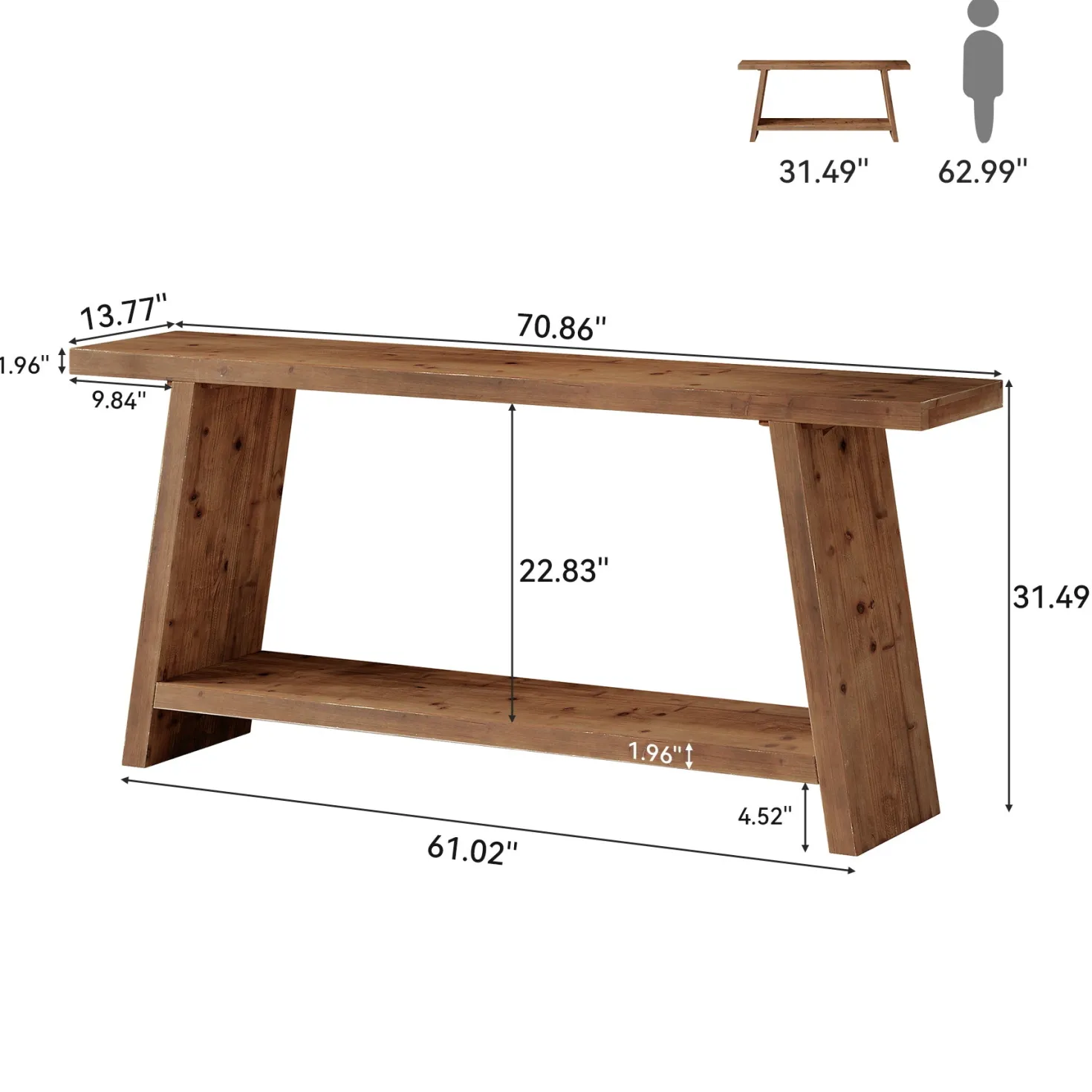Solid Wood Console Table, 70.9" Sofa Table Behind Couch with 2-Tier Storage
