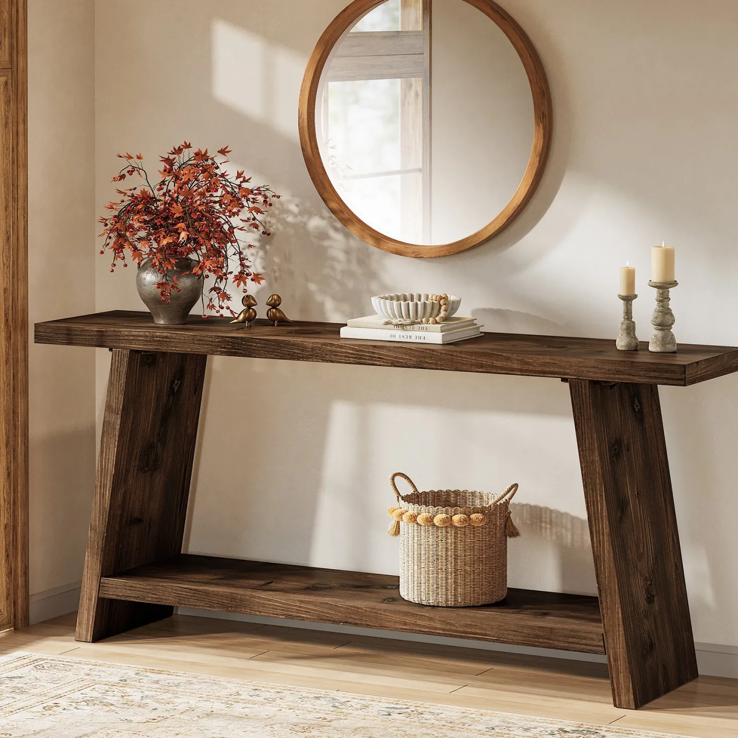 Solid Wood Console Table, 70.9" Sofa Table Behind Couch with 2-Tier Storage