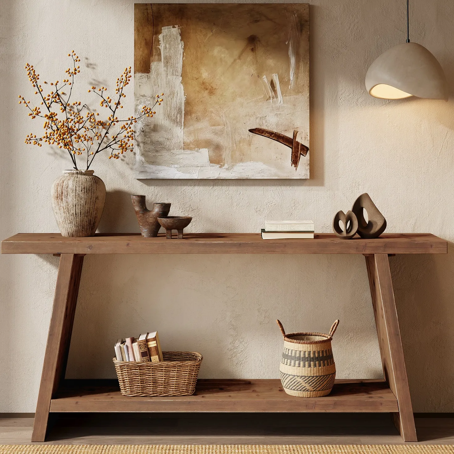 Solid Wood Console Table, 70.9" Sofa Table Behind Couch with 2-Tier Storage