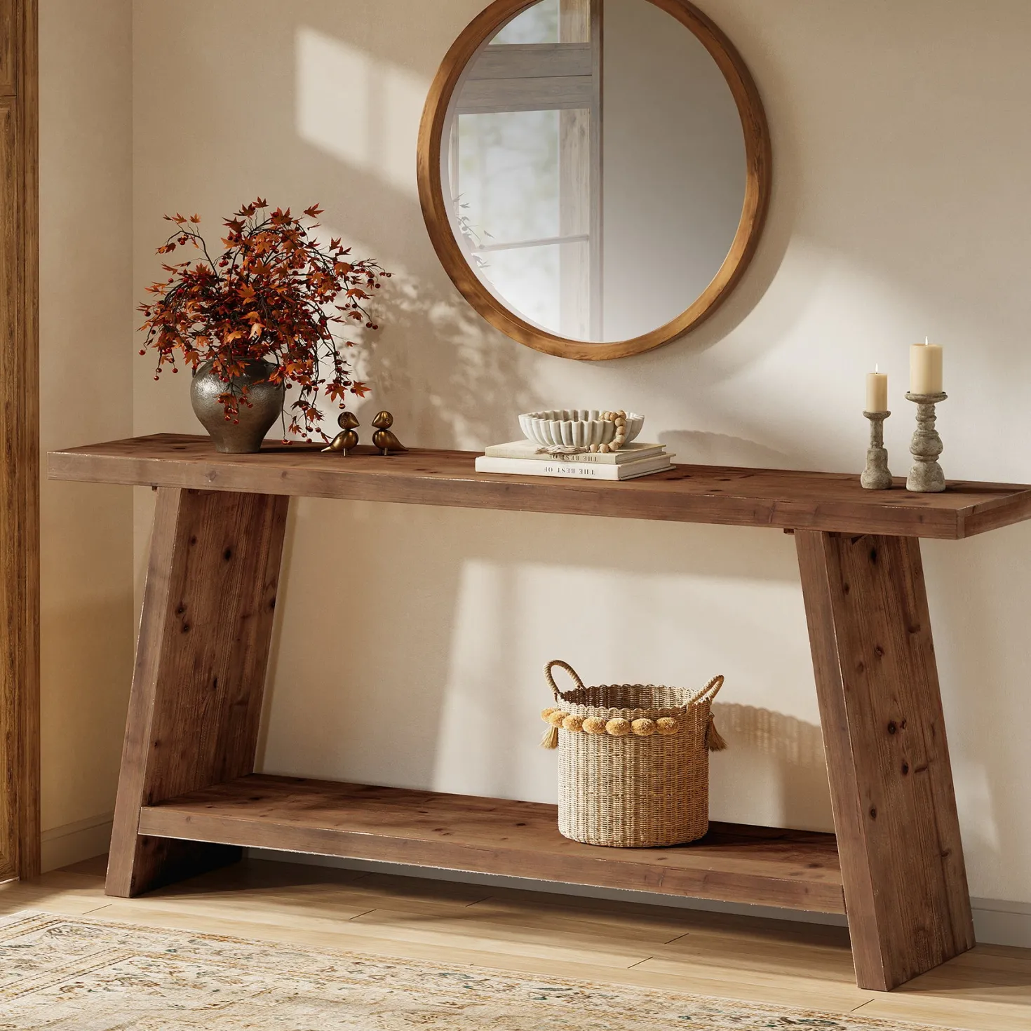 Solid Wood Console Table, 70.9" Sofa Table Behind Couch with 2-Tier Storage