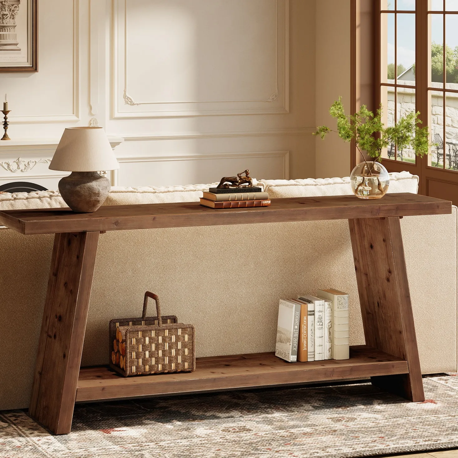 Solid Wood Console Table, 70.9" Sofa Table Behind Couch with 2-Tier Storage