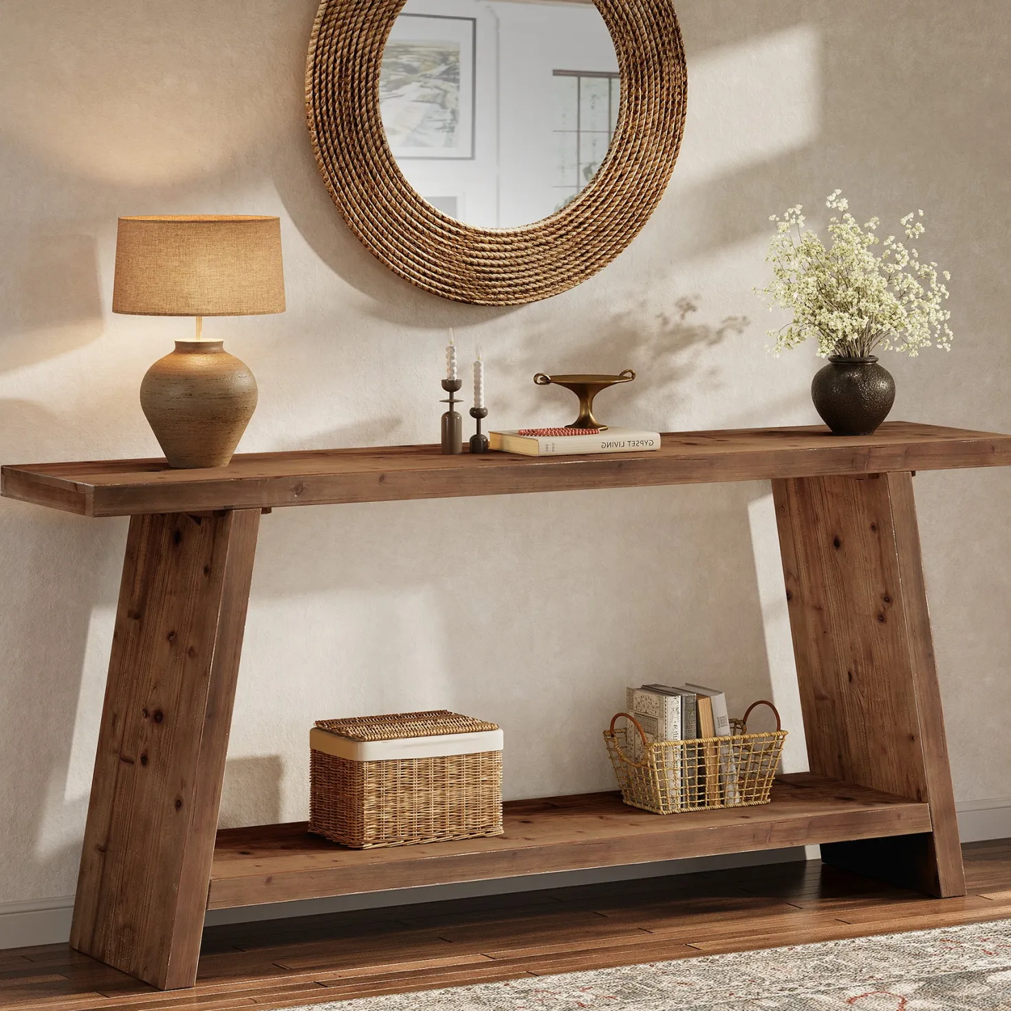Solid Wood Console Table, 70.9" Sofa Table Behind Couch with 2-Tier Storage