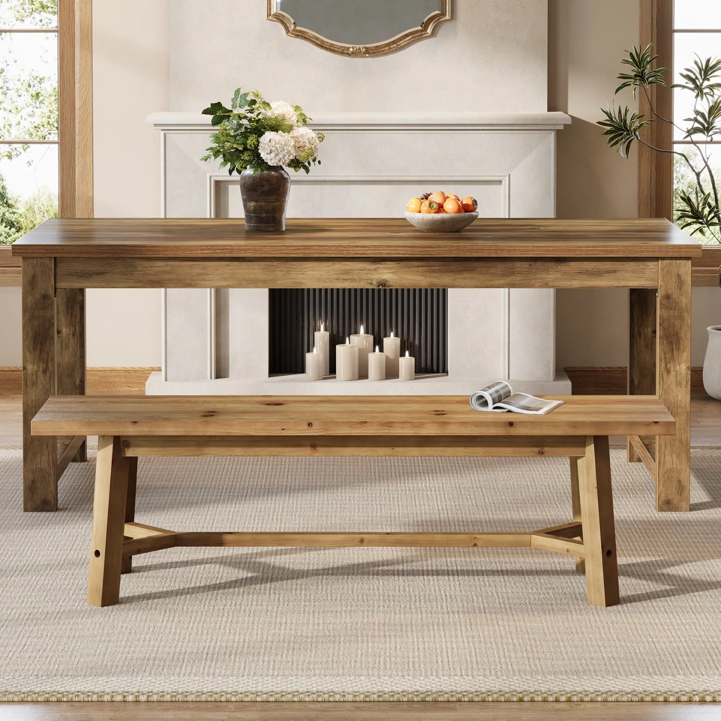 Solid Wood Dining Bench, 55.12" Kitchen Bench with Strengthened Legs