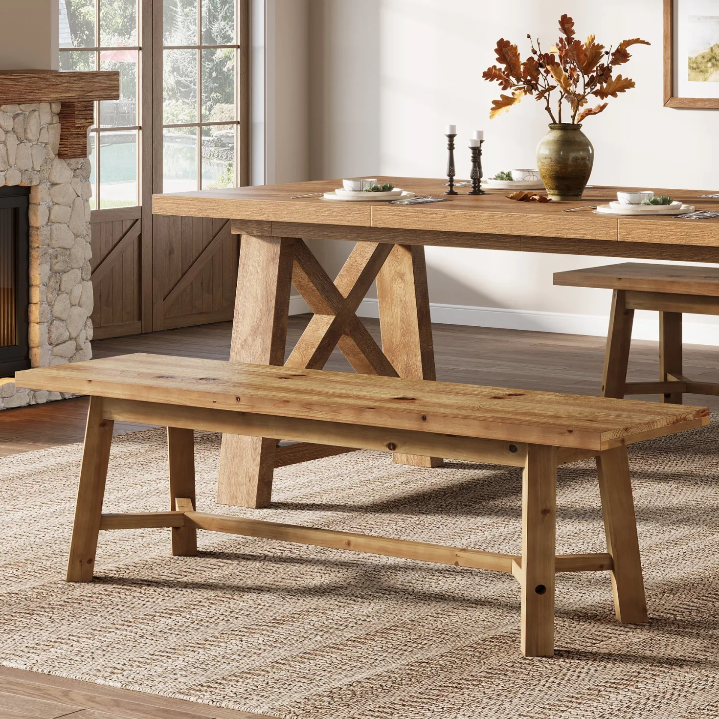 Solid Wood Dining Bench, 55.12" Kitchen Bench with Strengthened Legs