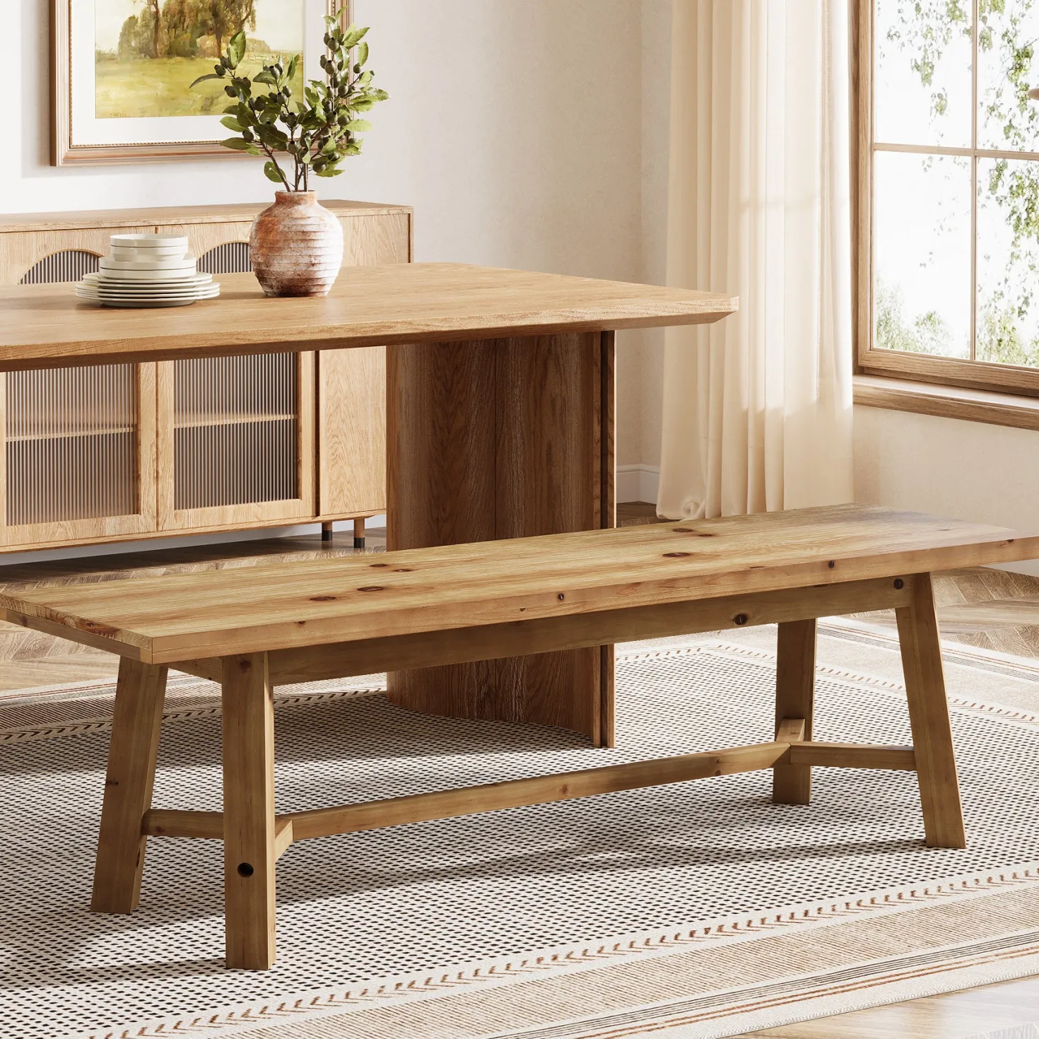 Solid Wood Dining Bench, 55.12" Kitchen Bench with Strengthened Legs