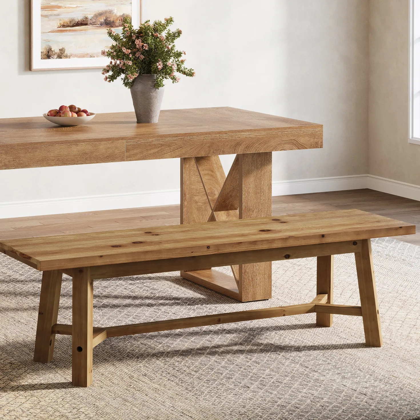 Solid Wood Dining Bench, 55.12" Kitchen Bench with Strengthened Legs