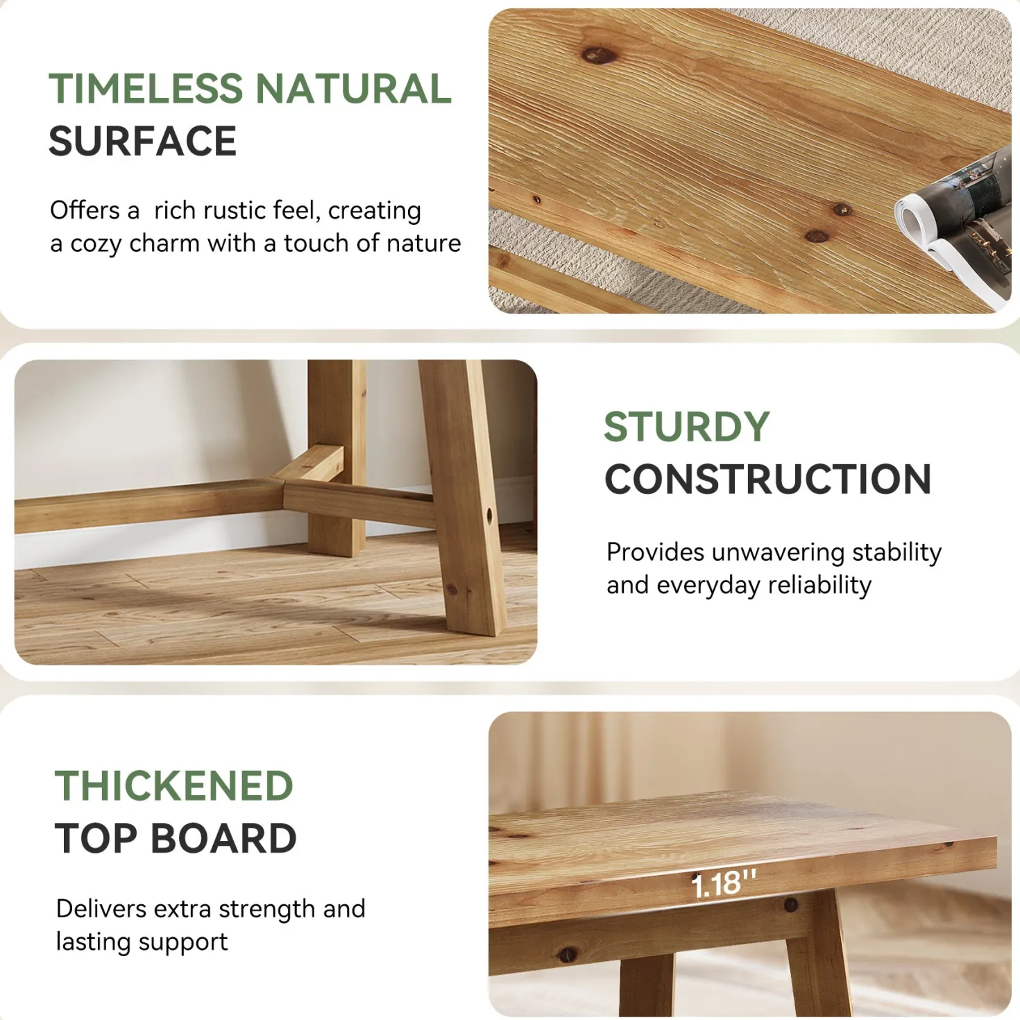 Solid Wood Dining Bench, 55.12" Kitchen Bench with Strengthened Legs