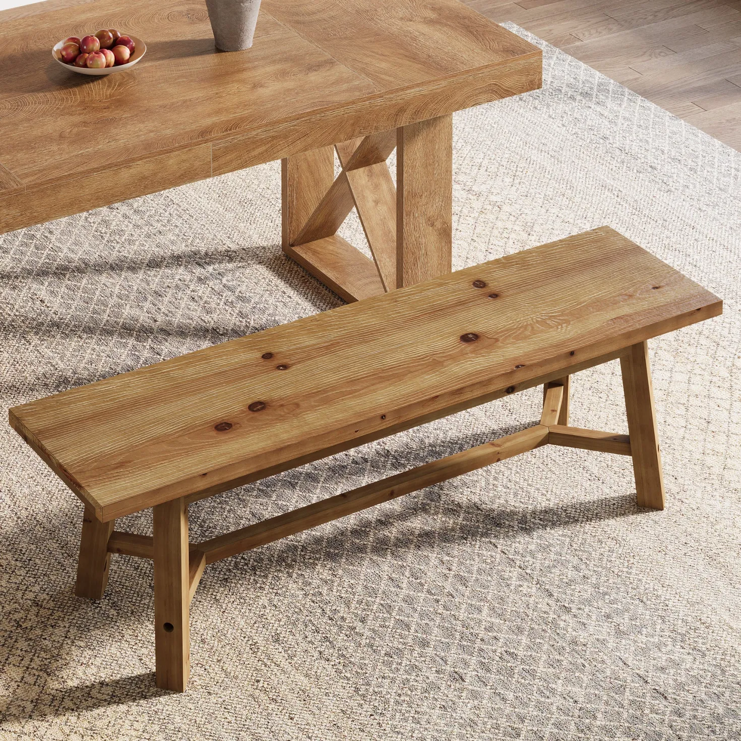 Solid Wood Dining Bench, 55.12" Kitchen Bench with Strengthened Legs