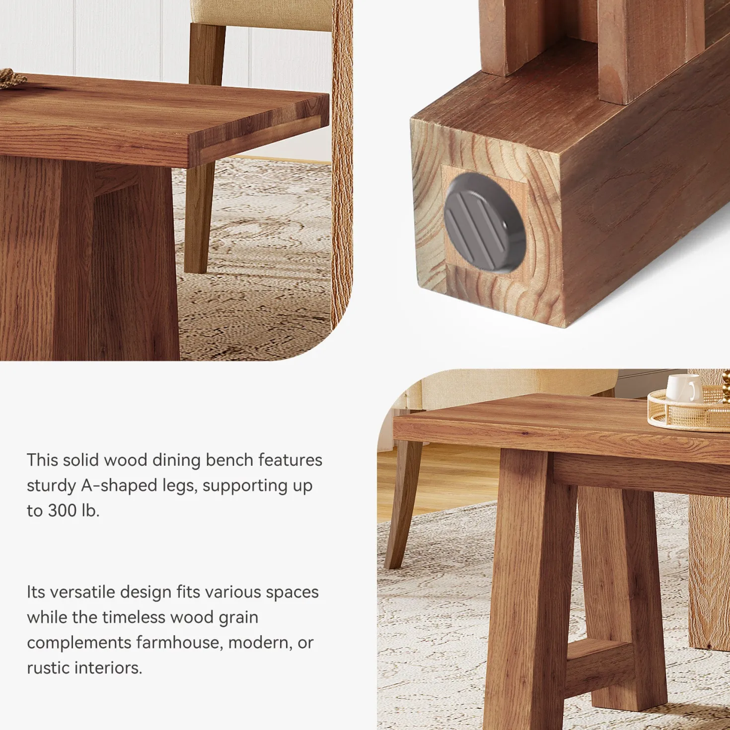 Solid Wood Dining Bench, 55" Entryway Bench with A-Shaped Legs