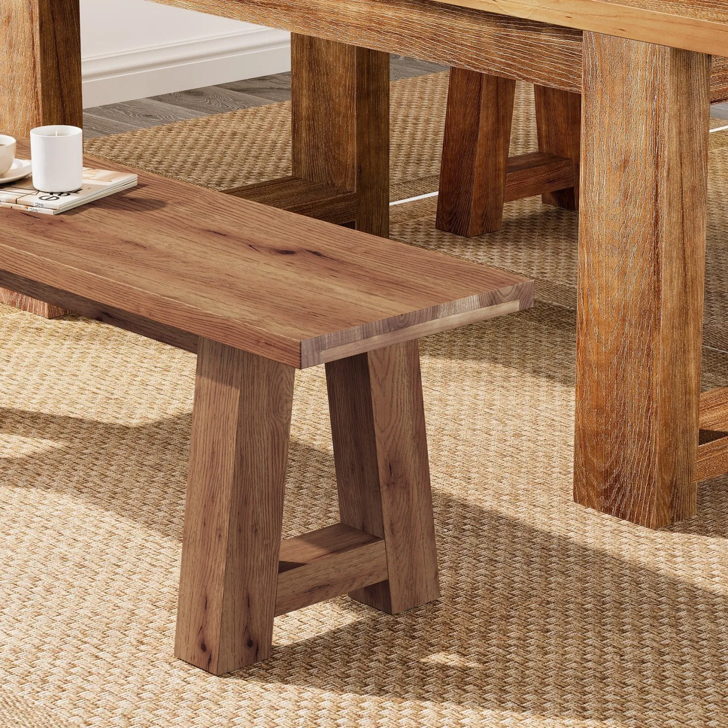 Solid Wood Dining Bench, 55" Entryway Bench with A-Shaped Legs