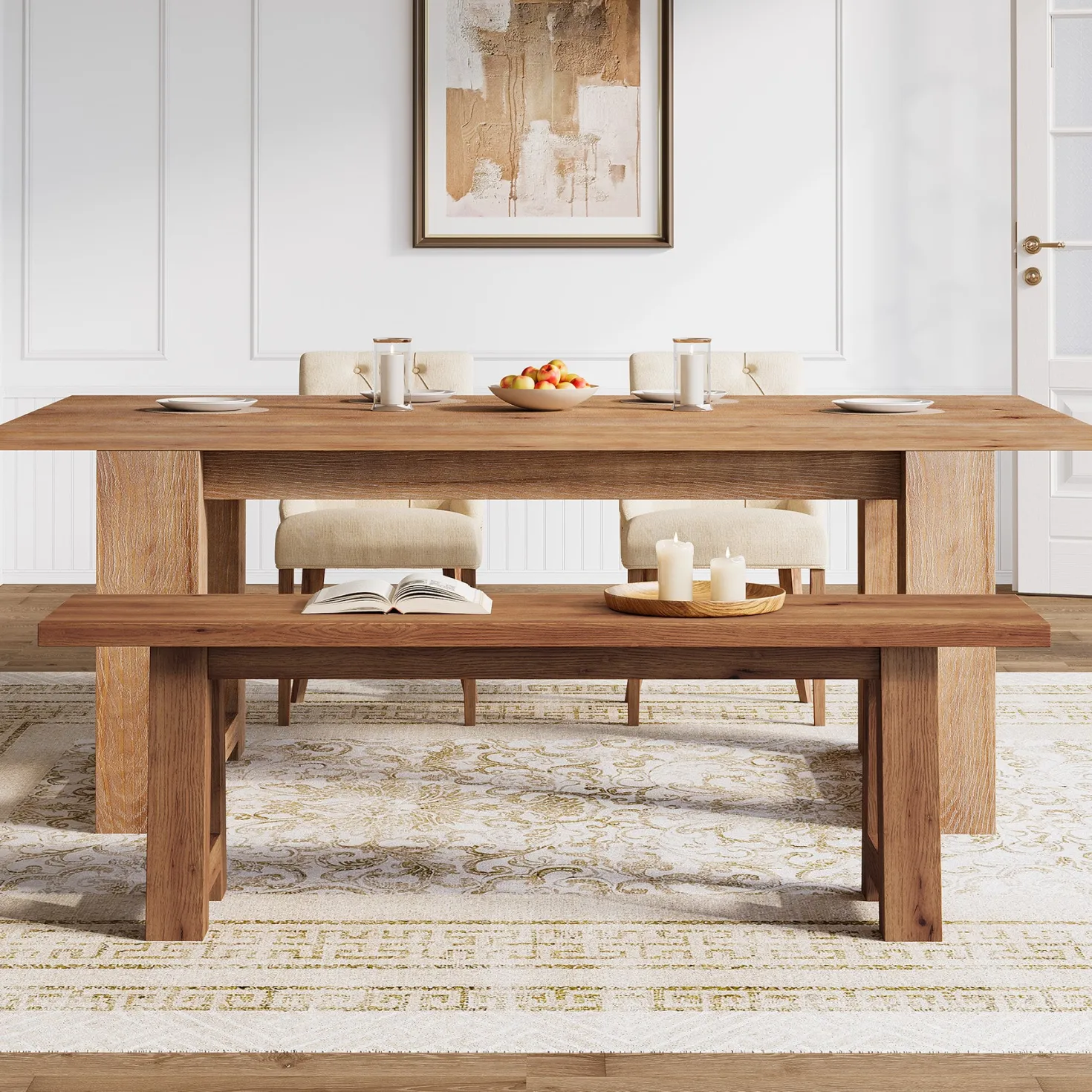 Solid Wood Dining Bench, 55" Entryway Bench with A-Shaped Legs