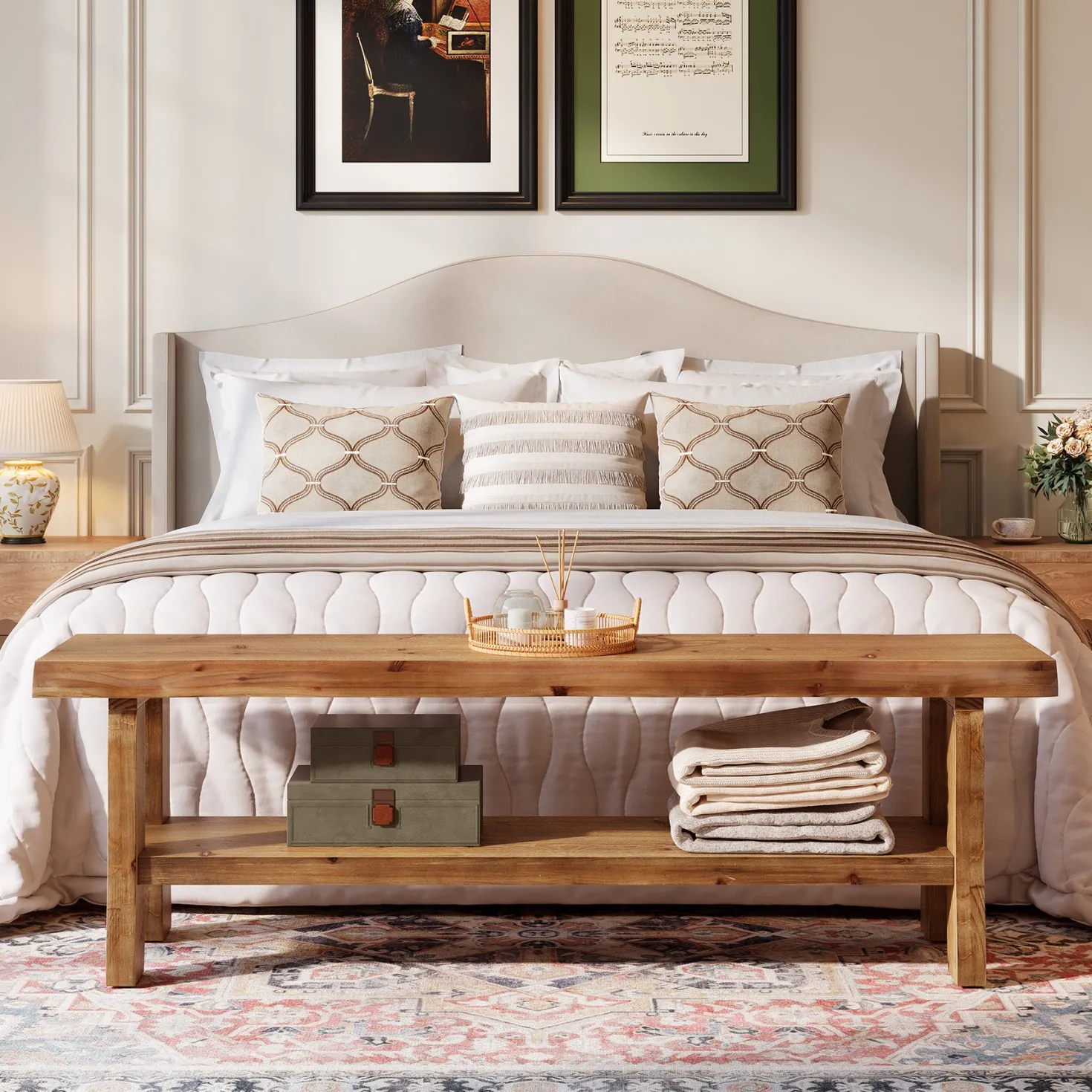 Solid Wood Dining Bench, 55" Farmhouse Kitchen Bench with Storage