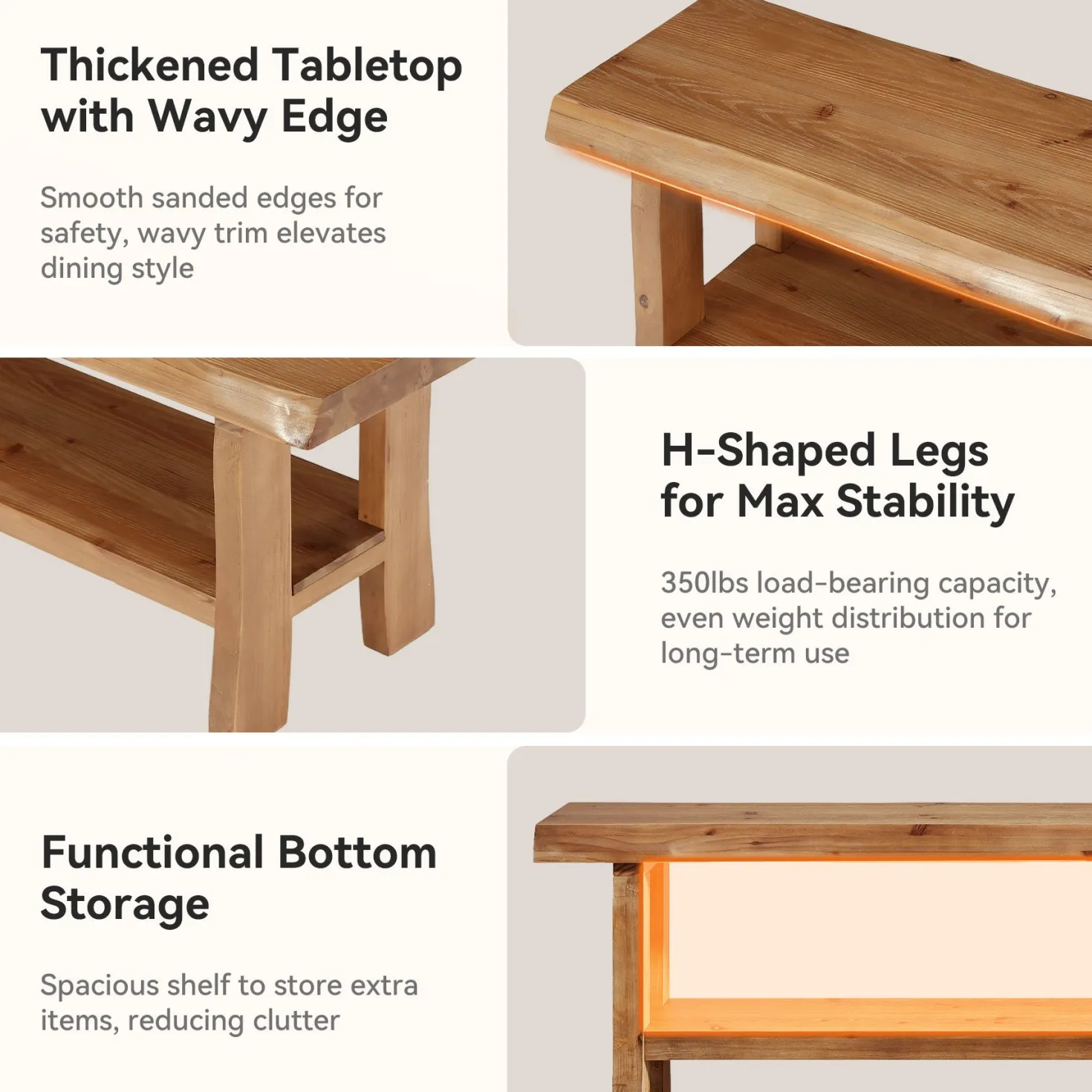 Solid Wood Dining Bench, 55" Farmhouse Kitchen Bench with Storage