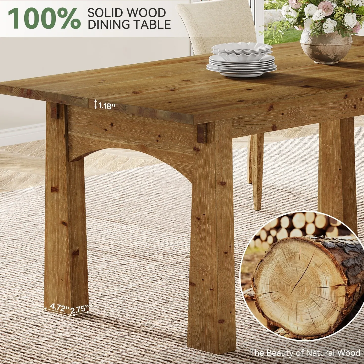 Solid Wood Dining Table, 63" Rectangular Kitchen Table for 4-6 People