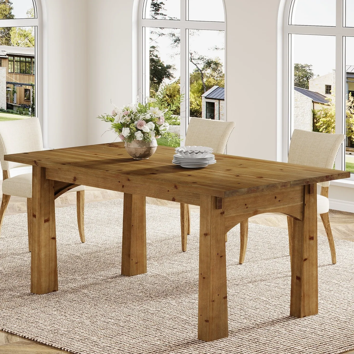 Solid Wood Dining Table, 63" Rectangular Kitchen Table for 4-6 People