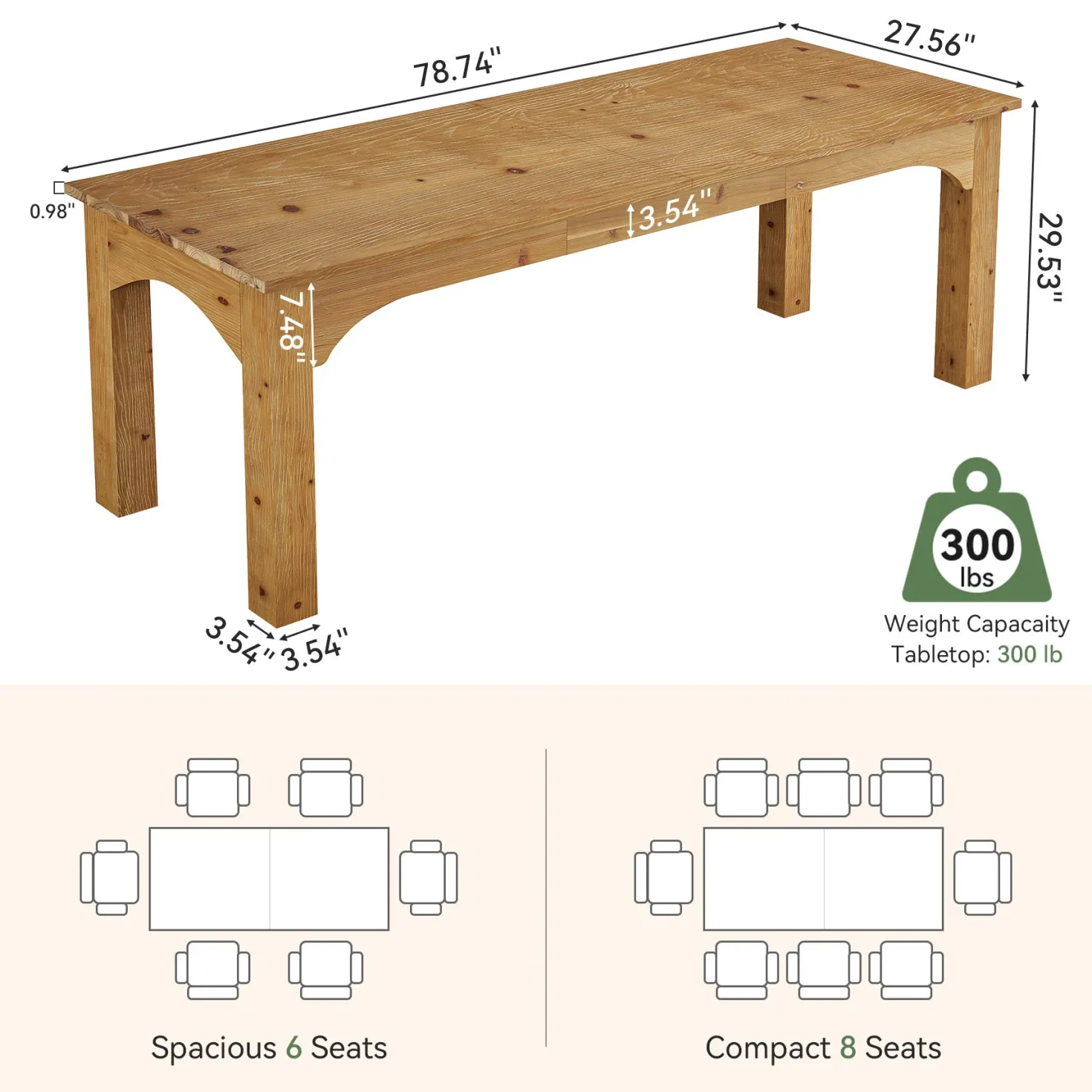Solid Wood Dining Table, 78.7" Rectangular Kitchen Table for 6-8 People