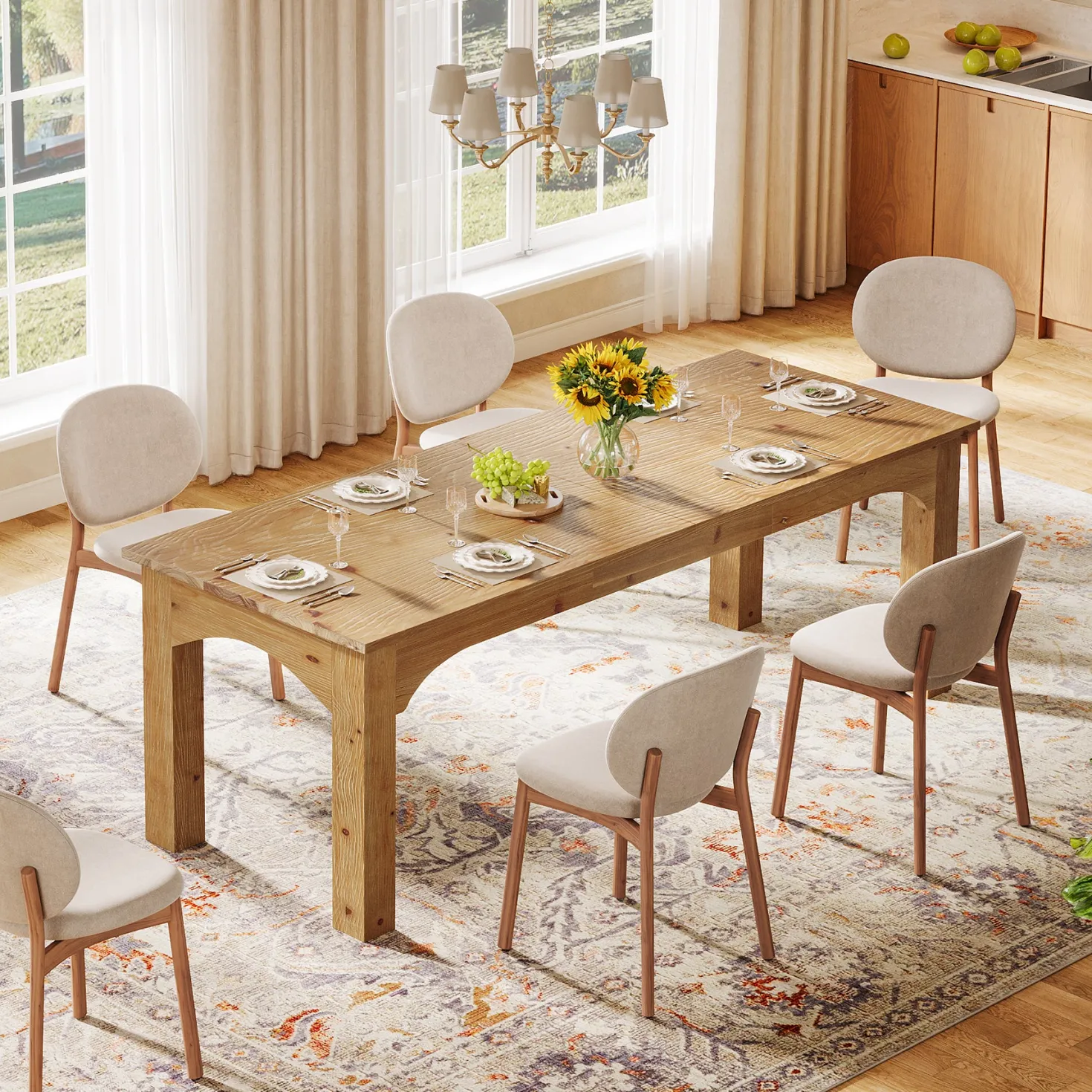 Solid Wood Dining Table, 78.7" Rectangular Kitchen Table for 6-8 People