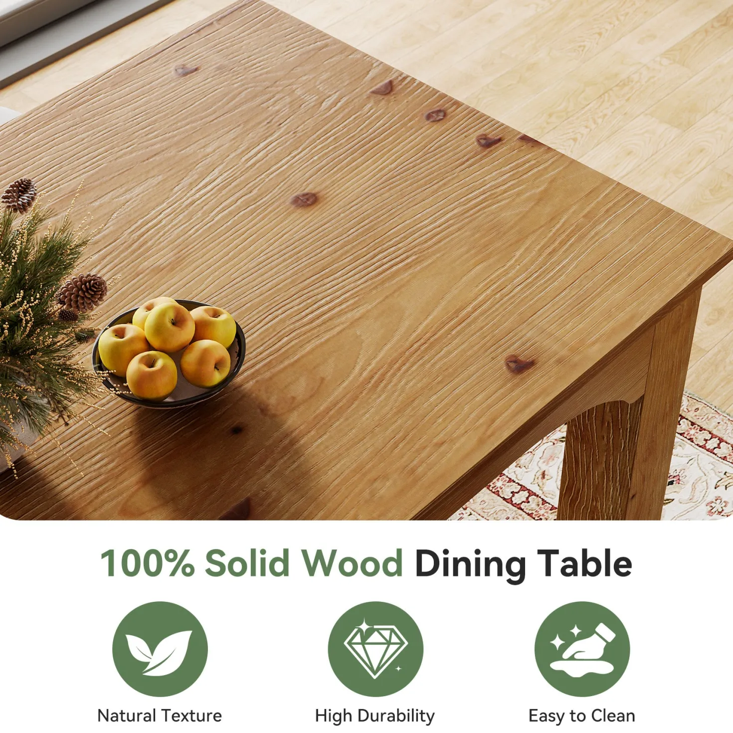 Solid Wood Dining Table, 78.7" Rectangular Kitchen Table for 6-8 People