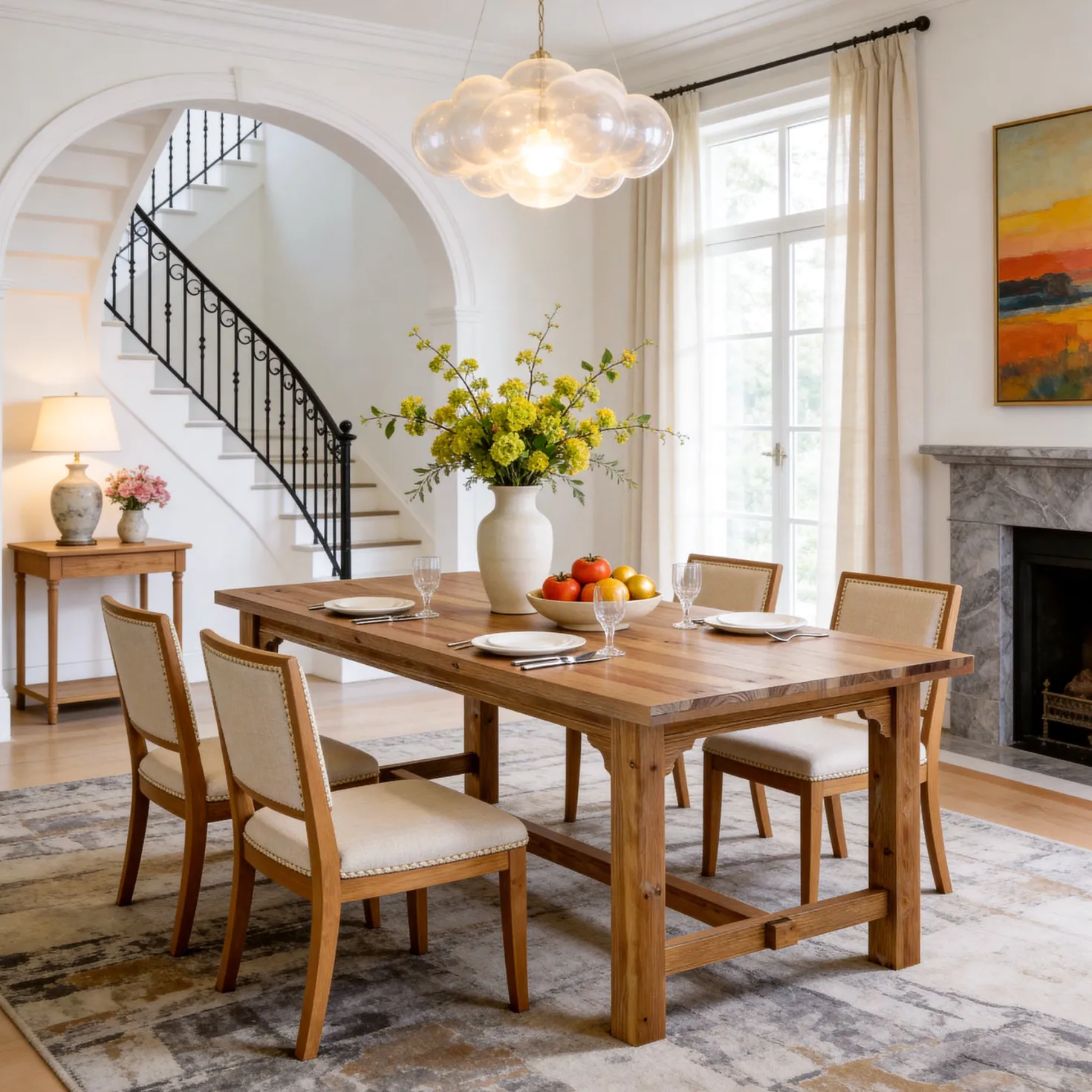 Solid Wood Dining Table, 63" Rectangular Kitchen Table with Foot Bar