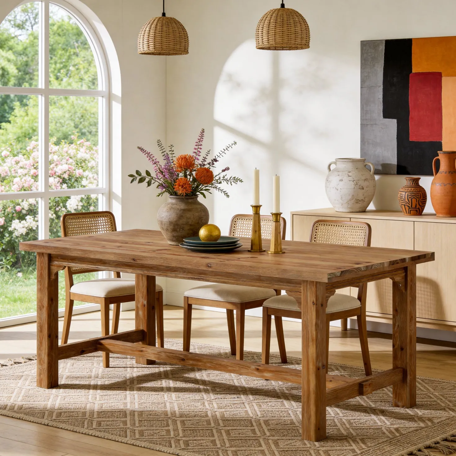 Solid Wood Dining Table, 63" Rectangular Kitchen Table with Foot Bar