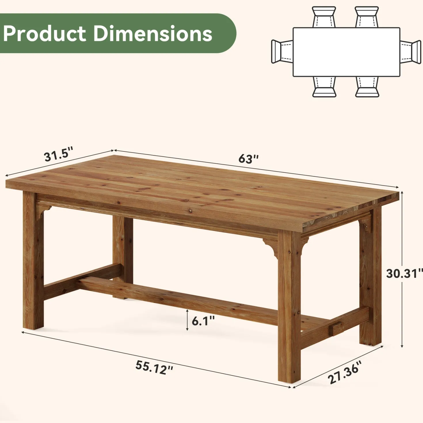 Solid Wood Dining Table, 63" Rectangular Kitchen Table with Foot Bar
