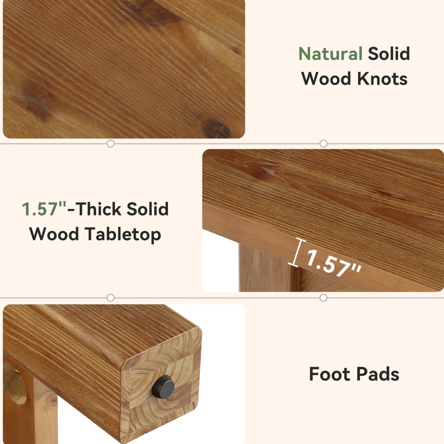 Solid Wood Dining Table, 63" Rectangular Kitchen Table with Foot Bar