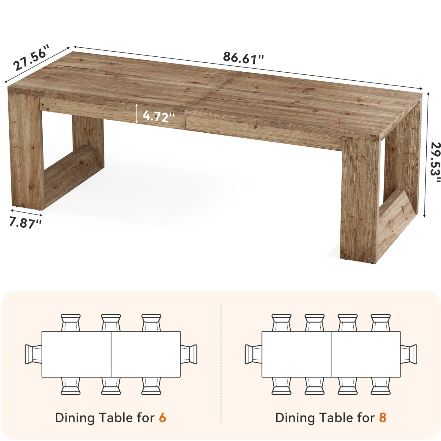 Solid Wood Dining Table, 86.6" Rectangular Kitchen Table for 8-10 People