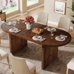 Solid Wood Dining Table, 63" Oval Kitchen Dinner Table for 4-6