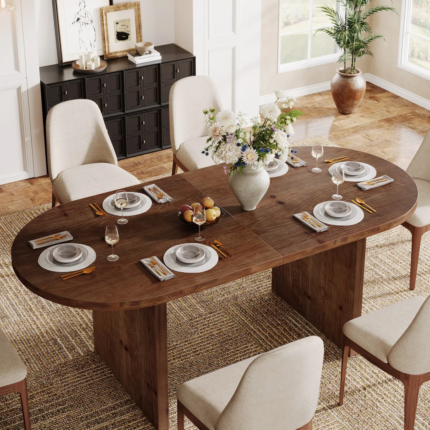 Solid Wood Dining Table, 63" Oval Kitchen Dinner Table for 4-6